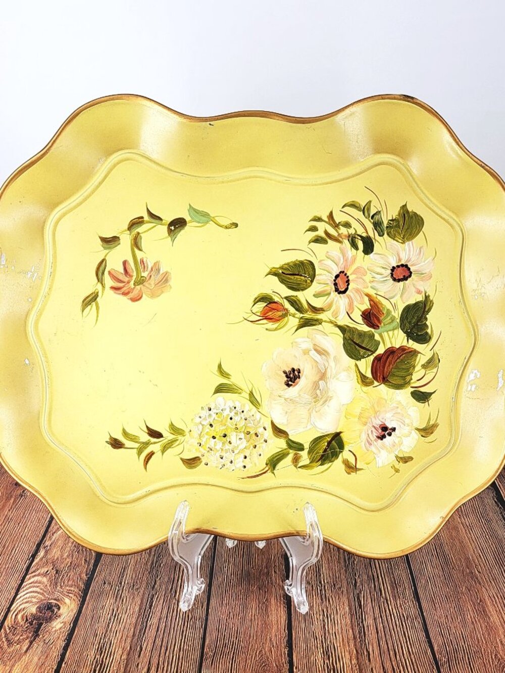 Unbranded Hand Painted MCM Toleware Rectangular Floral Tin Tray Farmhouse Decor